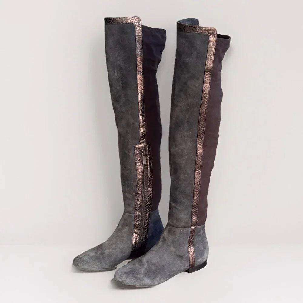Vince Camuto Gray Suede Filtra Over The Knee Boots Women’s 6 Bronze Snake Trim